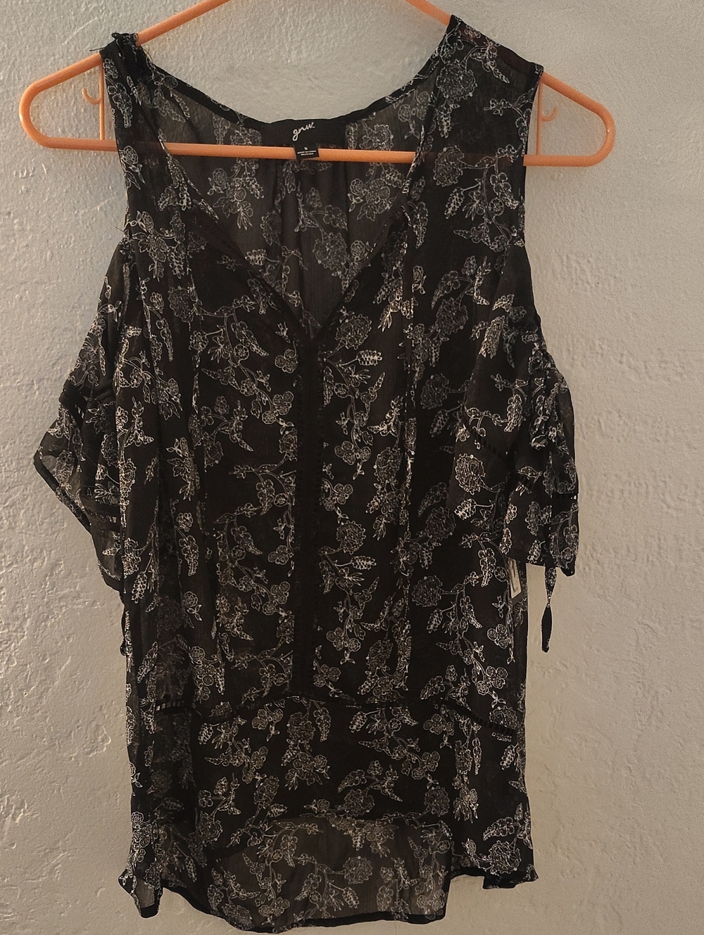 GNW Black Sheer Floral Cold-Shoulder Camisole tie in front & on sleeve vintage